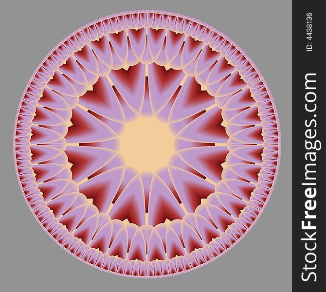 A fractal designed in the colors on the warm side of the spectrum to look like a sunburst.