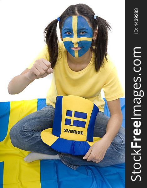 Swedish girls with patriotic face paint as a sports fan. Swedish girls with patriotic face paint as a sports fan