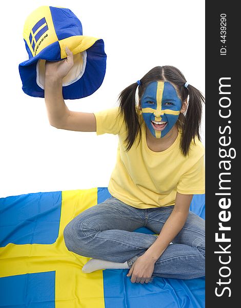 Swedish girls with patriotic face paint as a sports fan. Swedish girls with patriotic face paint as a sports fan