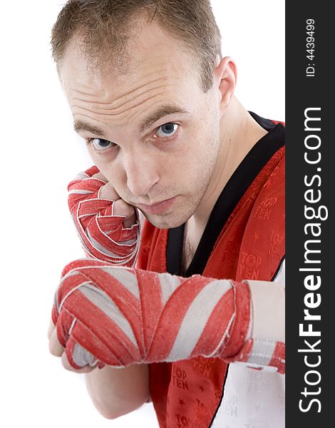 Kick boxers with combat clothing during training. Kick boxers with combat clothing during training