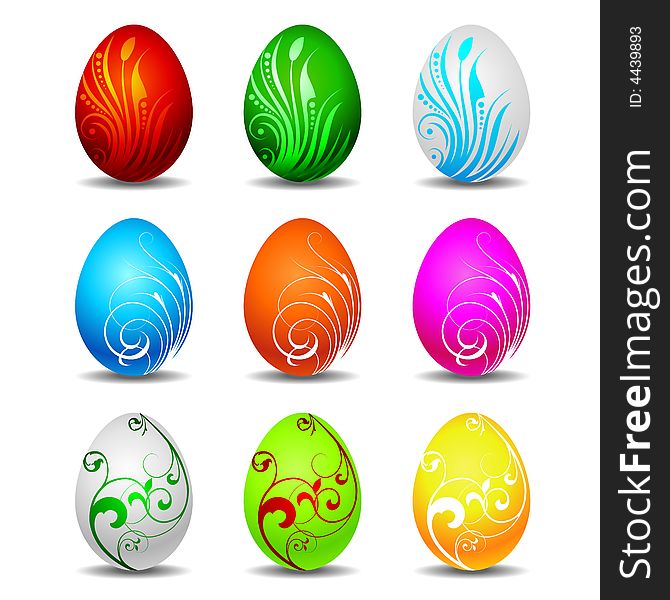 Nine color easter eggs on white background