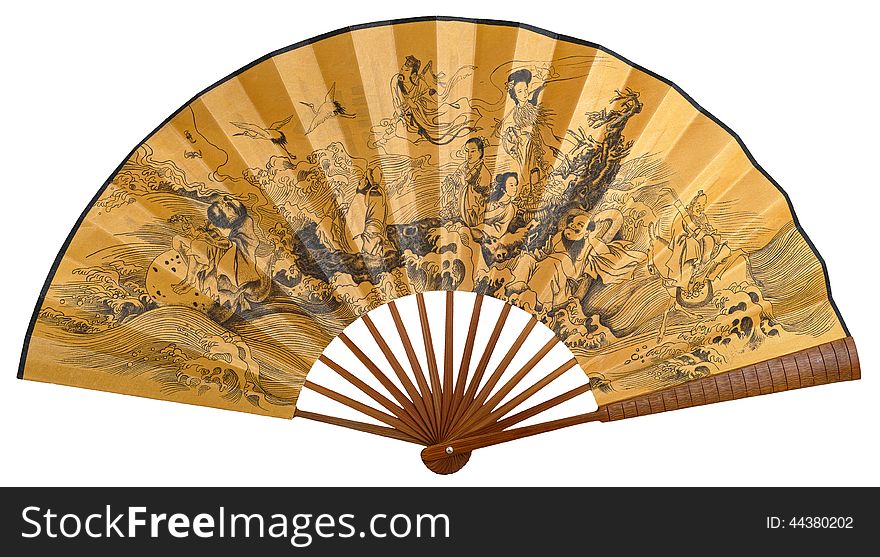 China yellow paper folding fan with Chinese ink painting of â€œEight Immortalsâ€ isolated on white, thats a most widely circulated Han folklore. China yellow paper folding fan with Chinese ink painting of â€œEight Immortalsâ€ isolated on white, thats a most widely circulated Han folklore