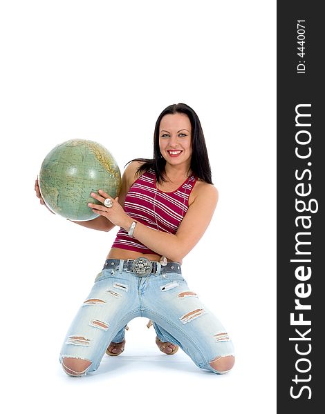 Young woman with  globe on  isolated background