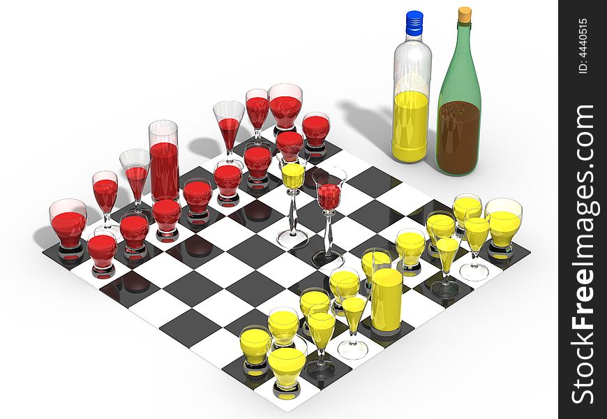 Chessboard with the wine filled glasses and wine-bottles on a white background. Chessboard with the wine filled glasses and wine-bottles on a white background.