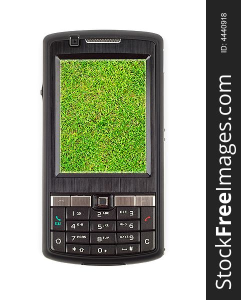 Modern communicator with green grass within display isolated over white. 2 Clipping paths included. Modern communicator with green grass within display isolated over white. 2 Clipping paths included.