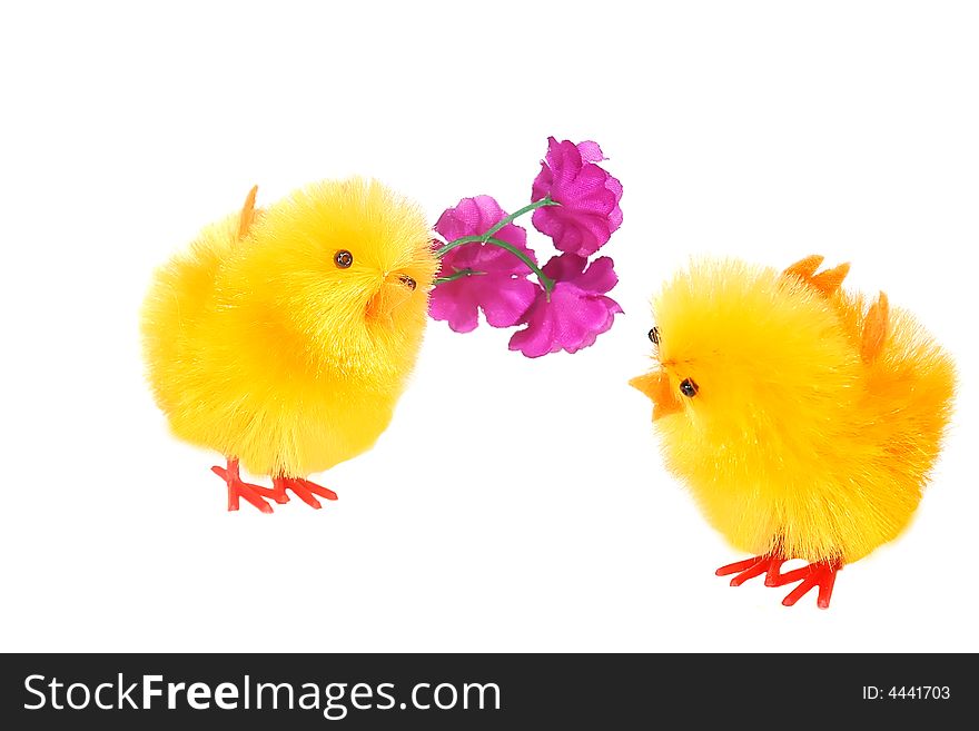 Pair of decorative easter chicks isolated on white. Pair of decorative easter chicks isolated on white