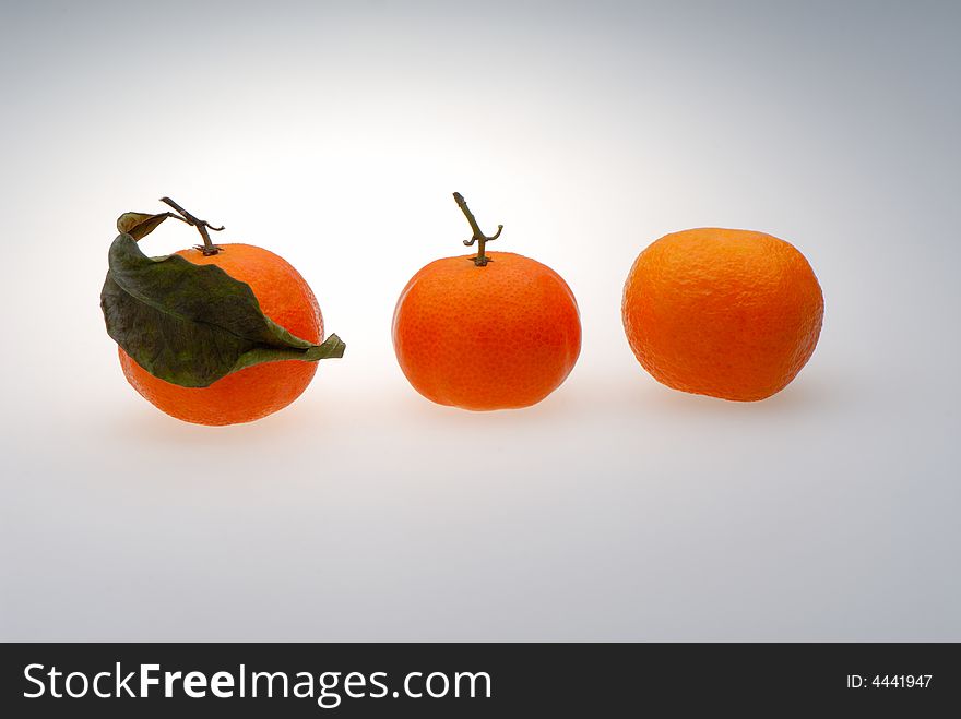 Three orange tangerines on light background