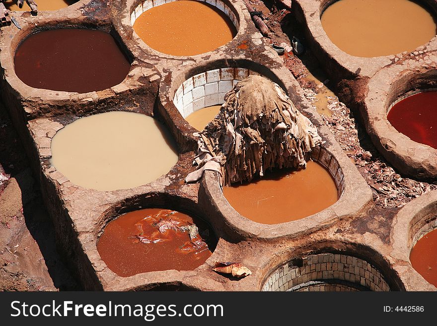 Skin tanneries in Fess, Morocco. Skin tanneries in Fess, Morocco