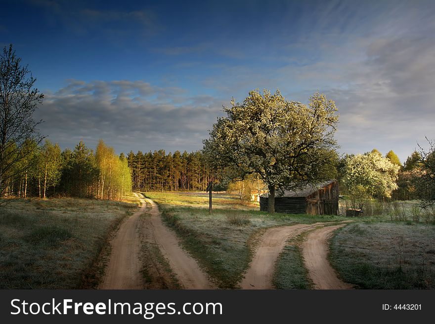 Wooden cottage next to the small road. Wooden cottage next to the small road