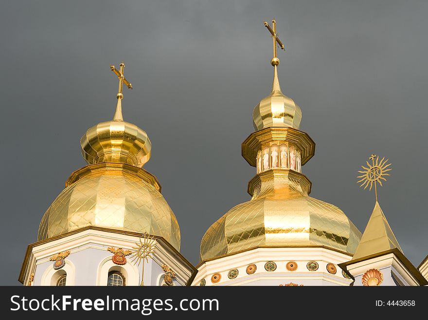 Religion, church, cupola, golden domes, big top, cross, grey sky, Kiev, the Ukraine, Orthodox, christianity,