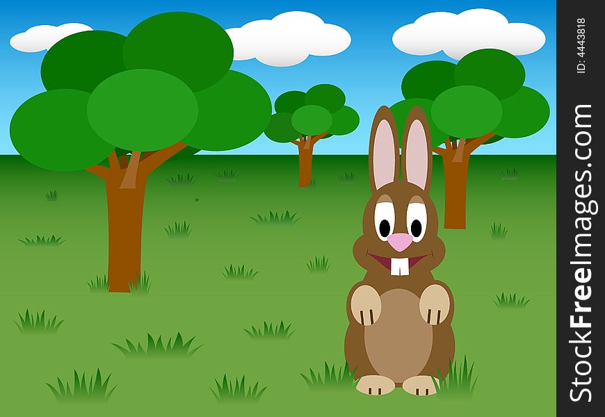 Funny smiling easter bunny with trees on grass. Funny smiling easter bunny with trees on grass