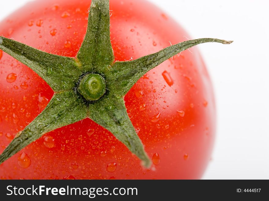 Macro wet red fresh tomato on white