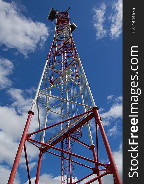 Radiorelay antenna support, radiotower, on a background of the dark blue sky with clouds.
On a tower, two radiorelay aerials. Radiorelay antenna support, radiotower, on a background of the dark blue sky with clouds.
On a tower, two radiorelay aerials.