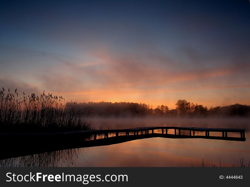 A pier and reed by lake edge