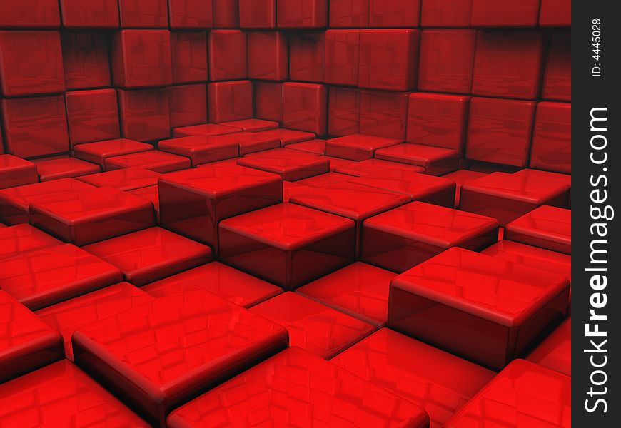 A roomful of shiny, reflective red cubes. A roomful of shiny, reflective red cubes.