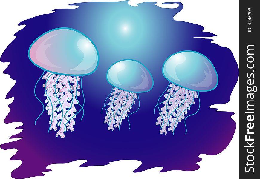 Illustration of three jellyfish in the ocean.