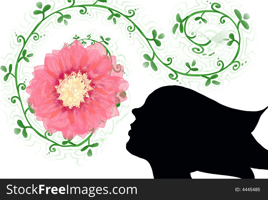 Profile of girl and branch with pink flower. Profile of girl and branch with pink flower.