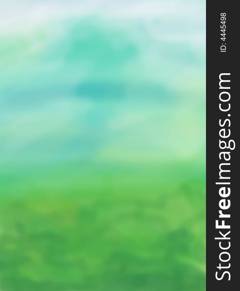 Illustration with green landscape and blue sky. Painting.