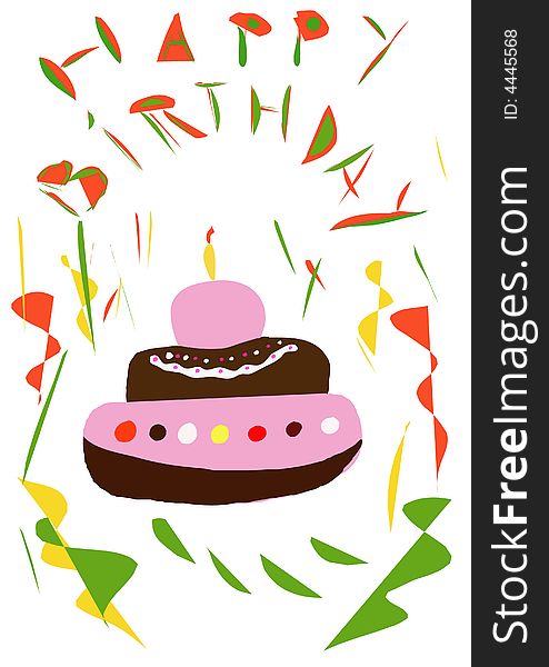 Illustration with birthday cake. Birthday party.