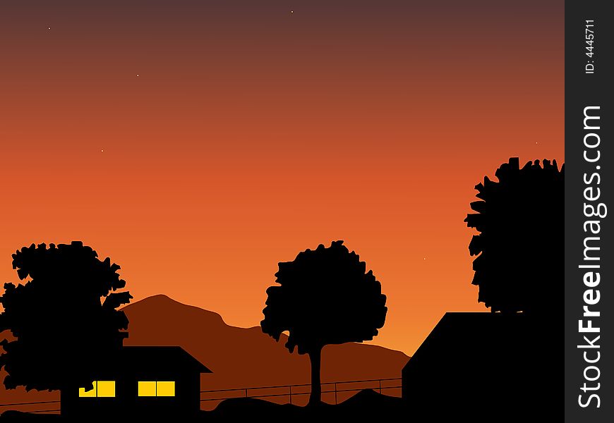 Village silhouette with trees and mountains.