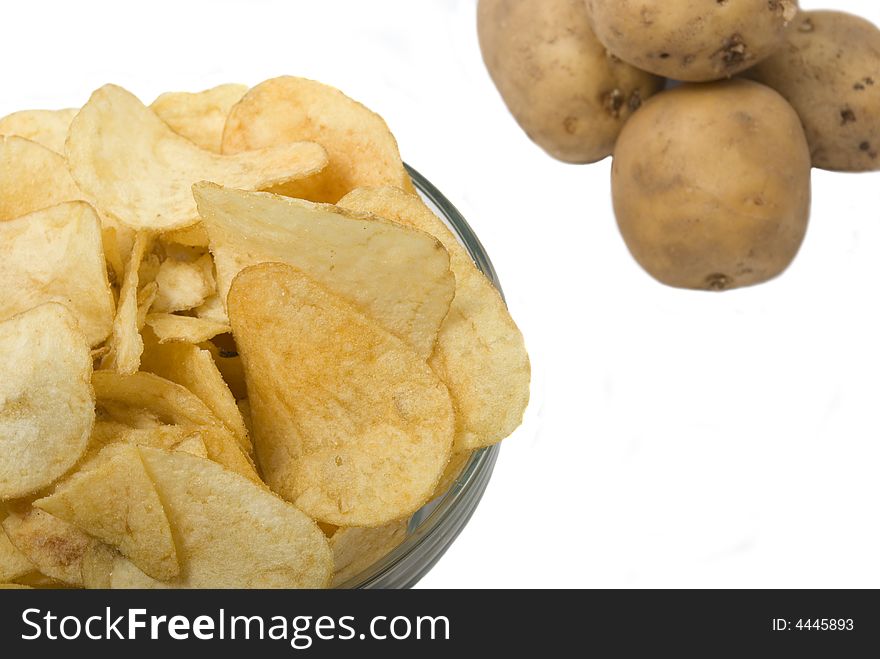 Potatoes and chips on white background. Two light sources, camera Pentax k10d kit.
