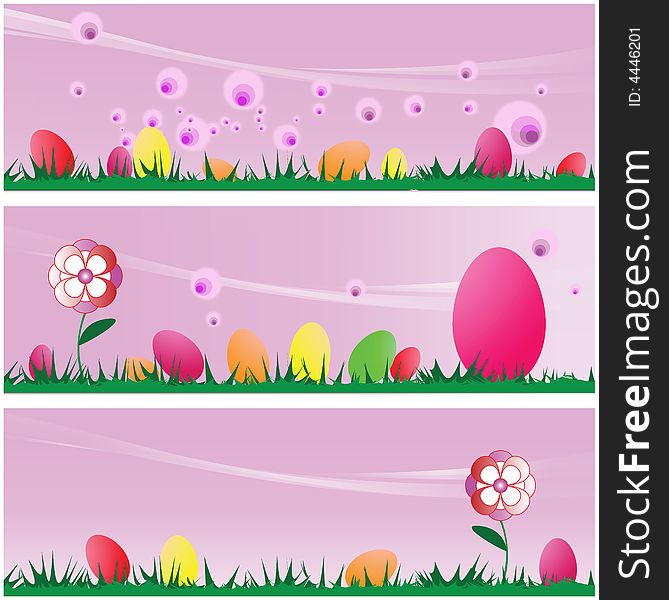Set of three Easter Scenes Backgrounds with Easter Eggs On Grass Vector Illustrations. Set of three Easter Scenes Backgrounds with Easter Eggs On Grass Vector Illustrations