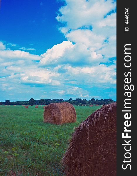 Large round hay bales waiting to be collected in a green meadow. Large round hay bales waiting to be collected in a green meadow