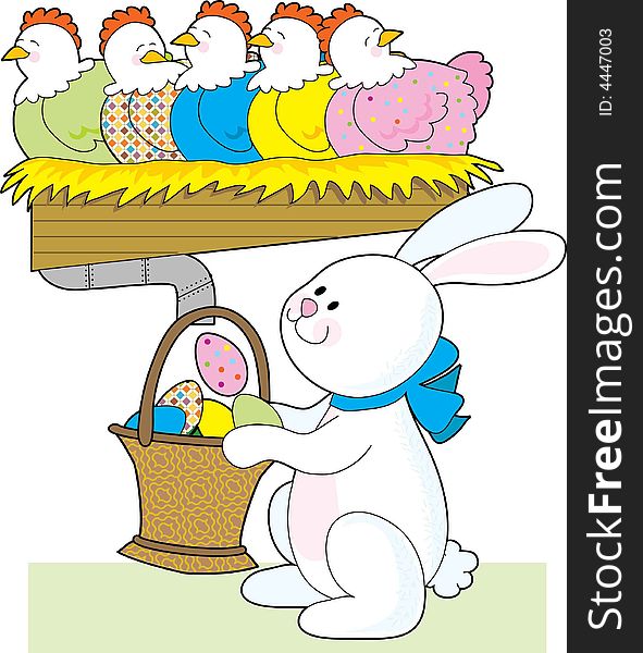 Colorful chickens laying colorful eggs for the Easter Bunny to collect. Colorful chickens laying colorful eggs for the Easter Bunny to collect