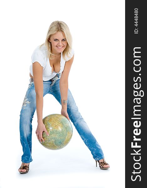 Young woman with globe on isolated background. Young woman with globe on isolated background