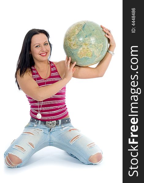 Young woman with  globe on  isolated background