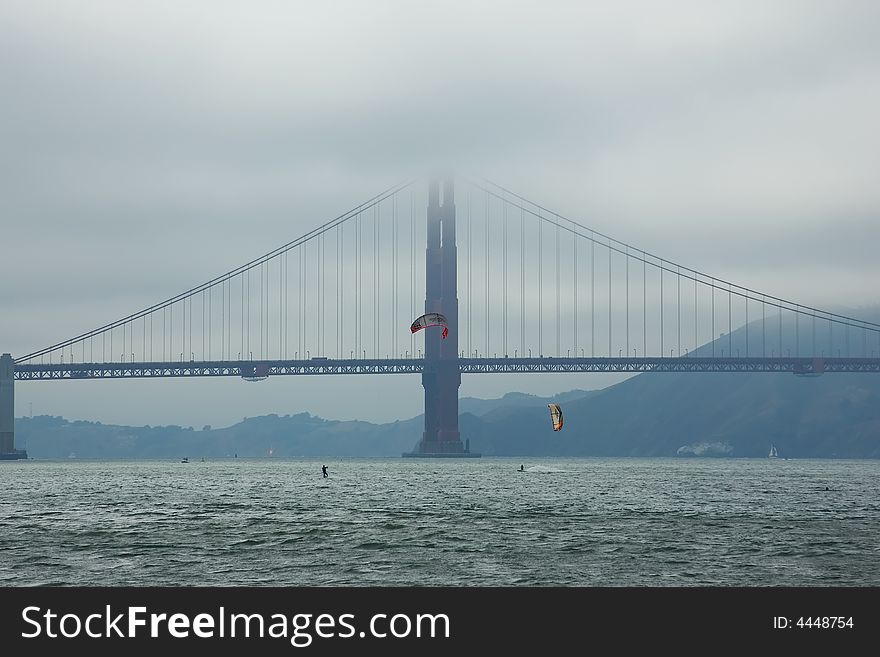 Golden Gate Bridge in a fog in San Francisco