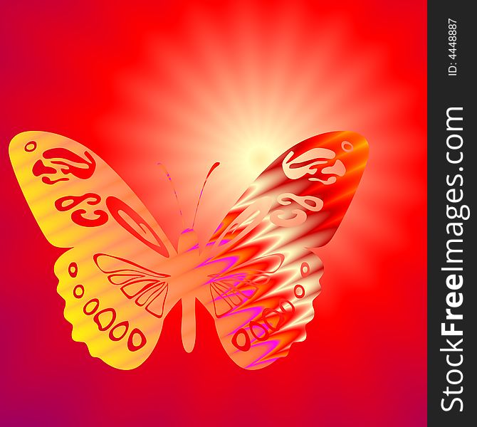 Ornamental orange-red-yellow butterflies on a red background with yellow sun. Ornamental orange-red-yellow butterflies on a red background with yellow sun.