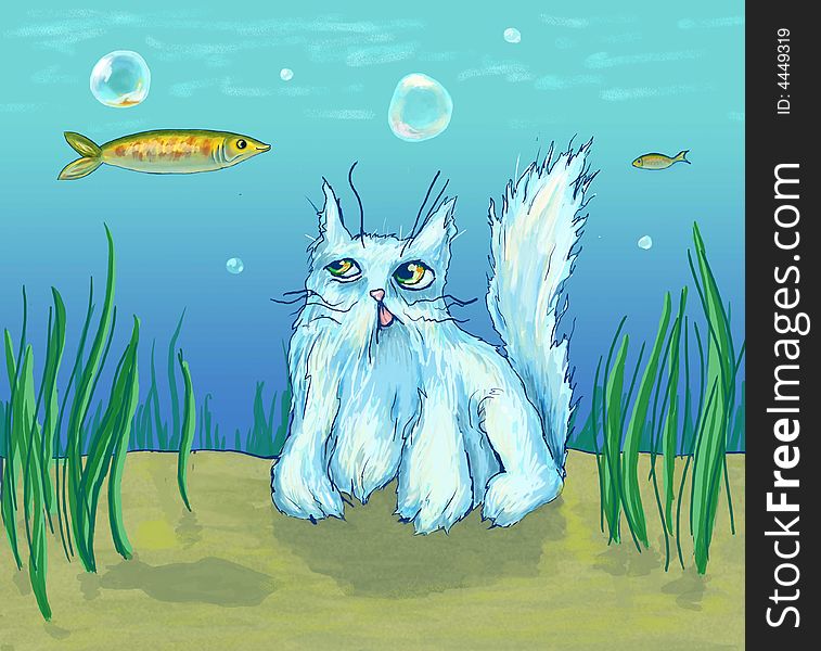 The cat in the sea watches a fish.