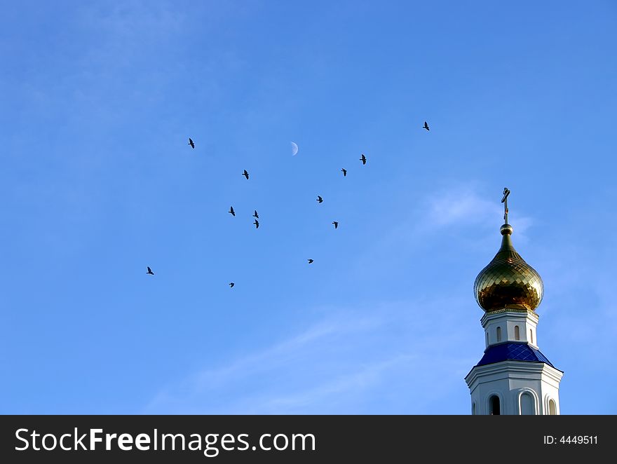 Birds on dome, sky and day moon