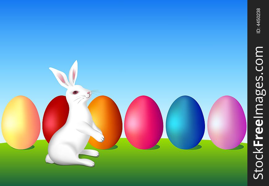 Clip-art of Easter eggs and rabbit in green field.