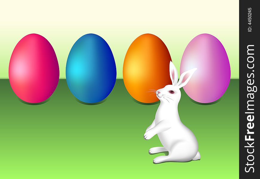 Clip-art of Easter eggs and rabbit in green field.
