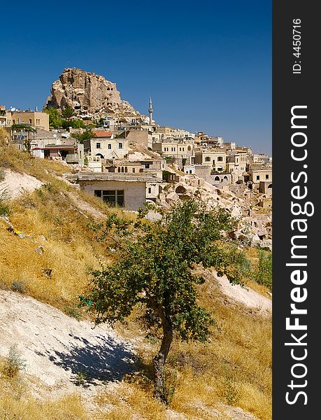 View of the town of Uchisar in Cappadocia, Turkey. Olive tree in the front.