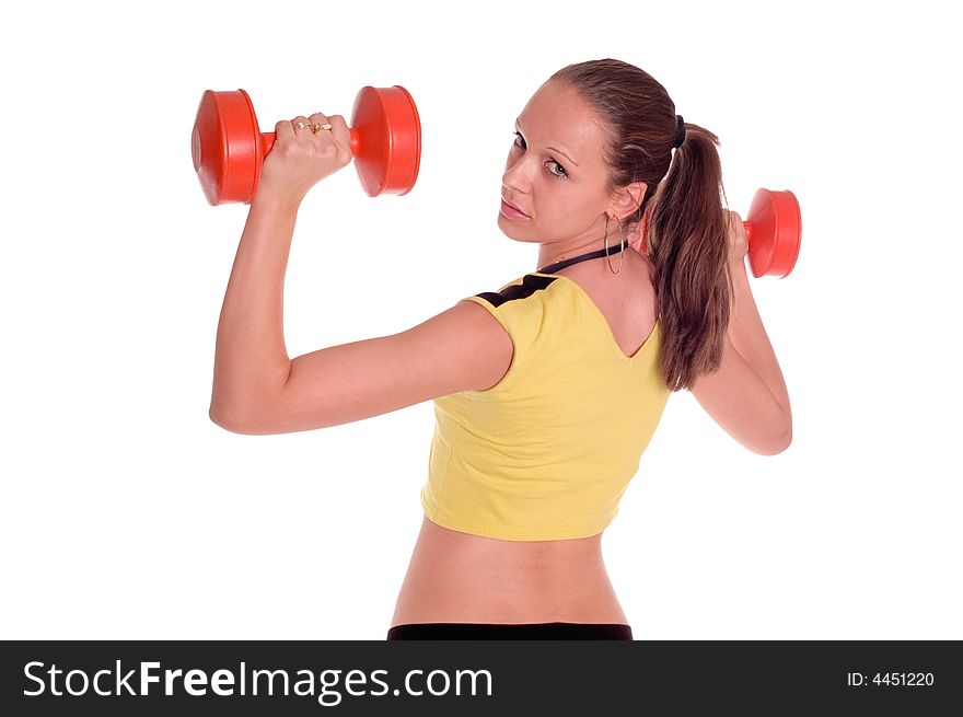Gym fitness girl training her body with dumbbell