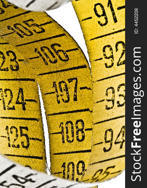 Old measuring tape isolated on white