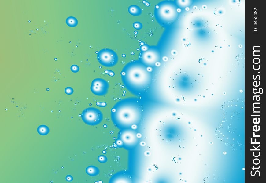 A fractal resembling water droplets spraying onto a blue green background.