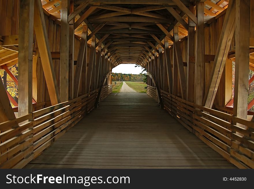 A picture of a covered bridge in western Indiana taken from inside the bridge. A picture of a covered bridge in western Indiana taken from inside the bridge