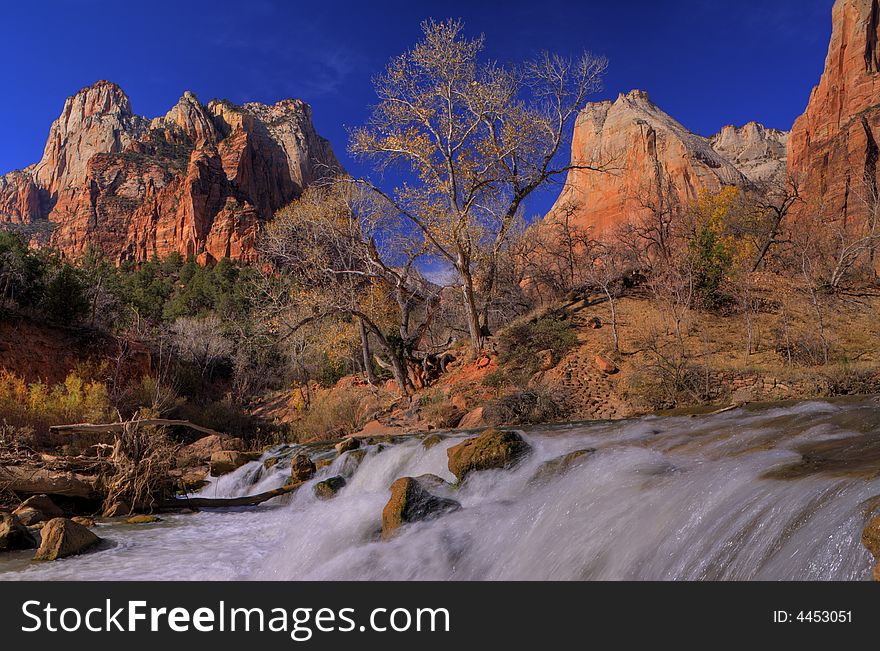 Waterfall in front of the Sentinel in zion national park