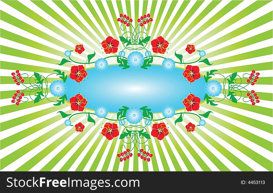 Vector illustration of a floral frame with a gradient sunburst in the background in spring colors