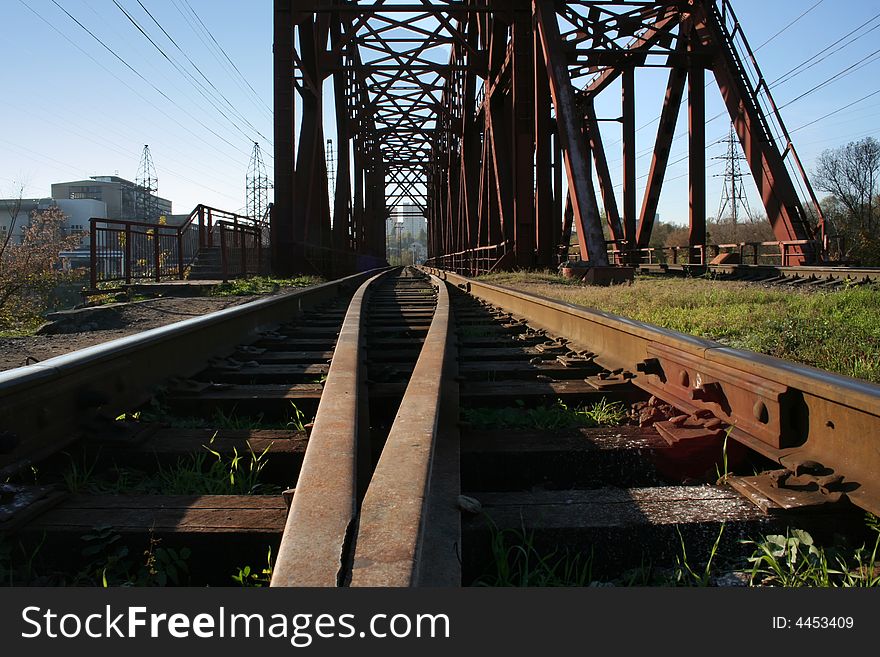 Railway bridge, rails, focus on first plan