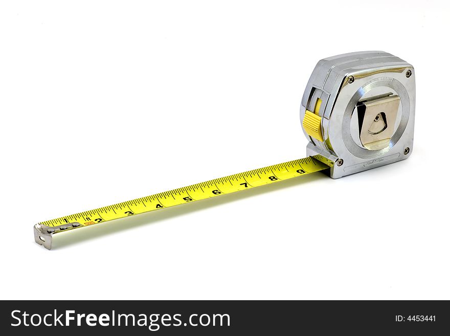Isolated shot of a tape measure against a white background. Isolated shot of a tape measure against a white background.