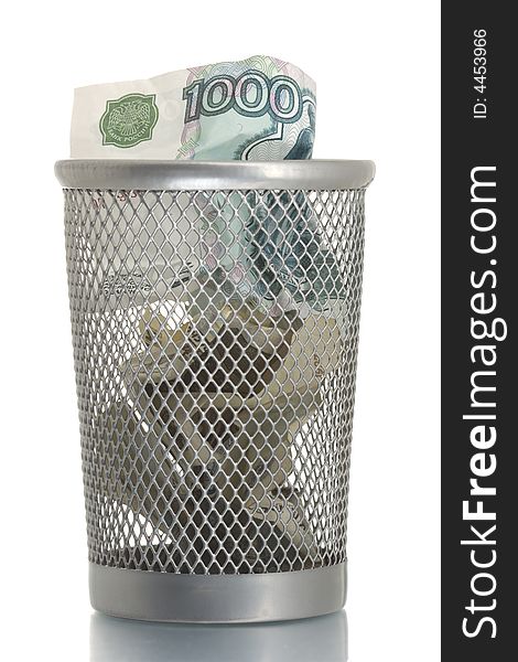 Mesh trash bin with thousand roubles inside