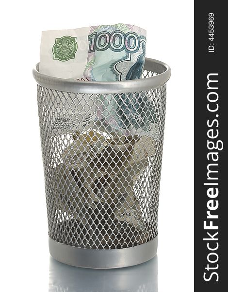 Mesh trash bin with thousand roubles inside