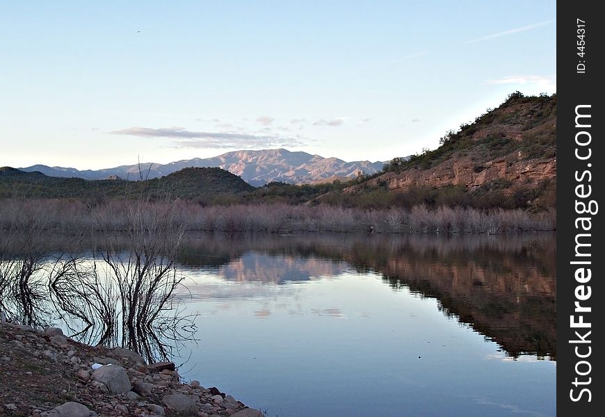 Reflections on the lake in the southwest desert.