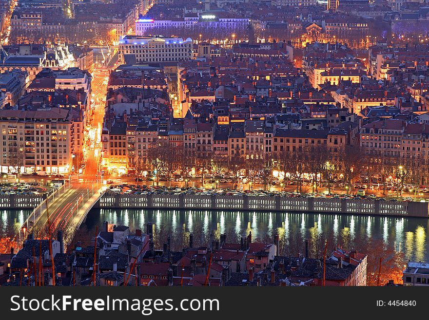 Old Lyon at night viewed from the fourvieres hill