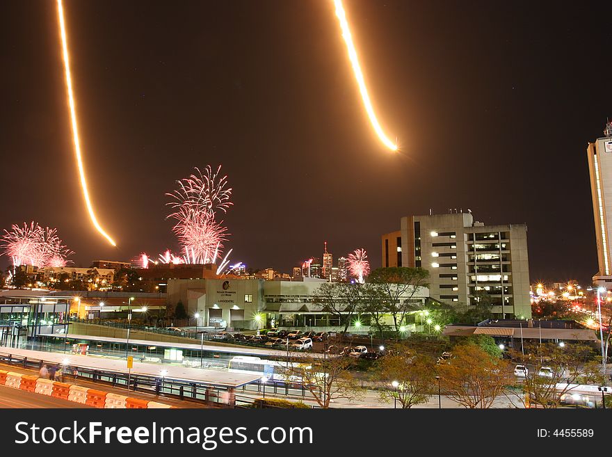 Fireworks and dump and burn over Brisbane city